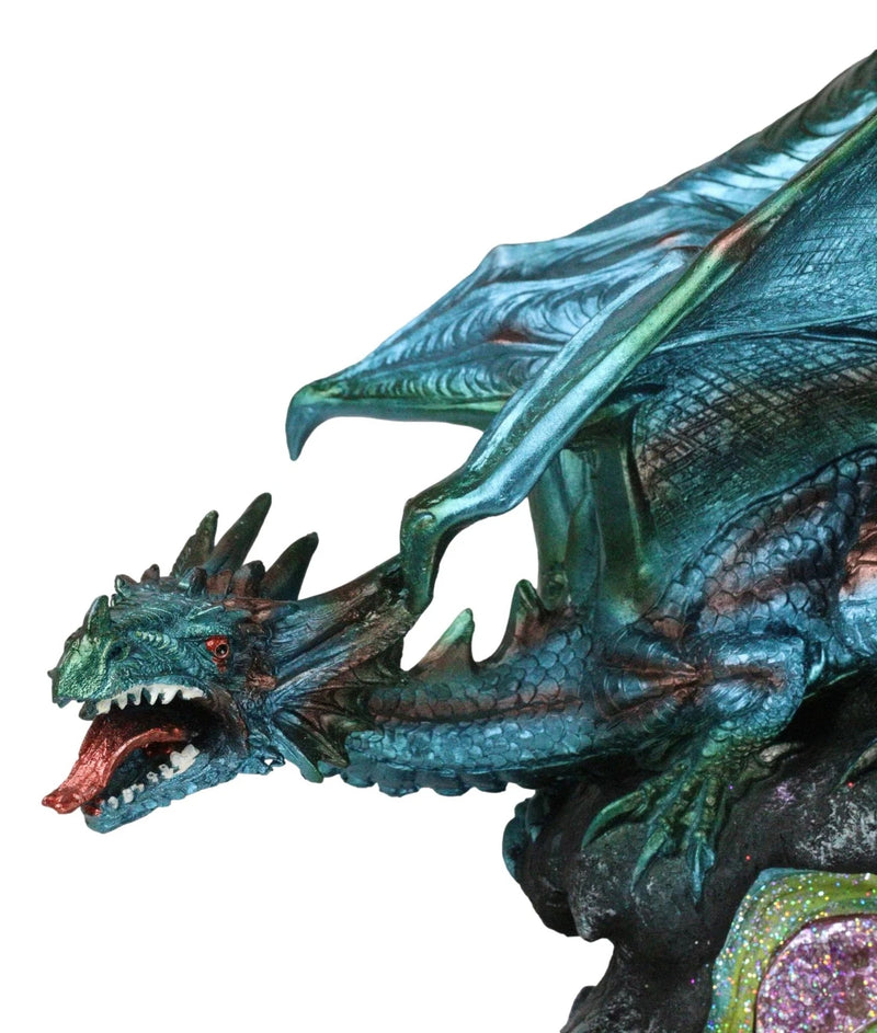 Large Aquamarine Iridescent Dragon Guarding LED Faux Crystal Geode Rock Figurine-5