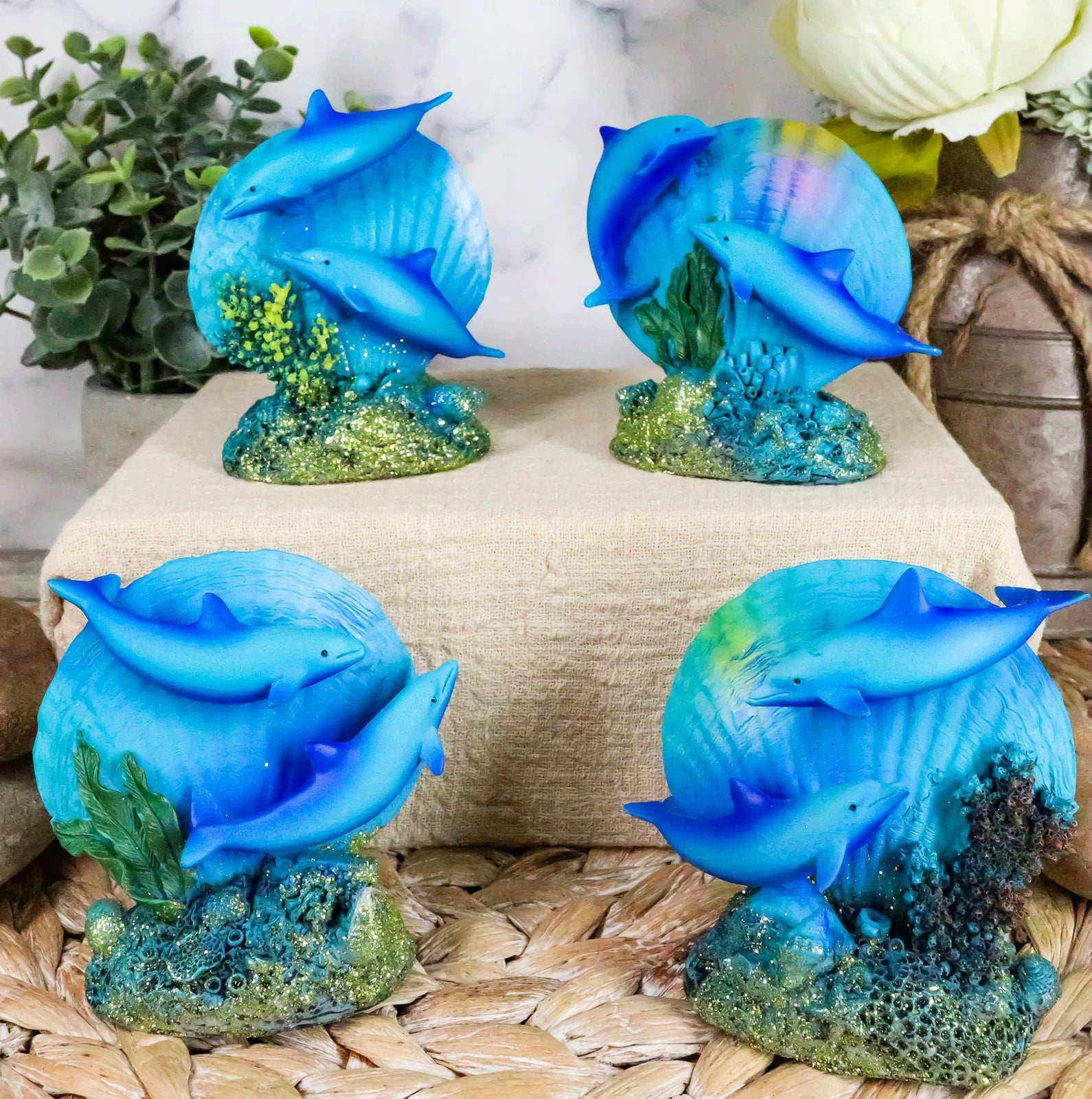 Nautical Ocean Marine Reef Swimming Dolphins Fish W/ Clams Mini Figurines-1
