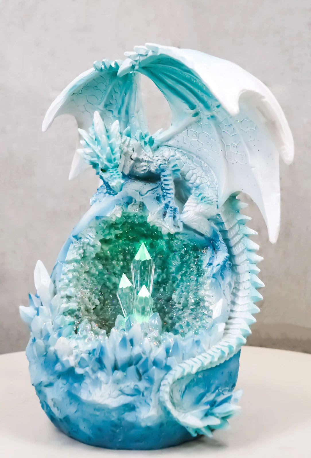 Winter Snow Dragon Resting On Frozen Snow Geode Egg With LED Crystals Figurine-1