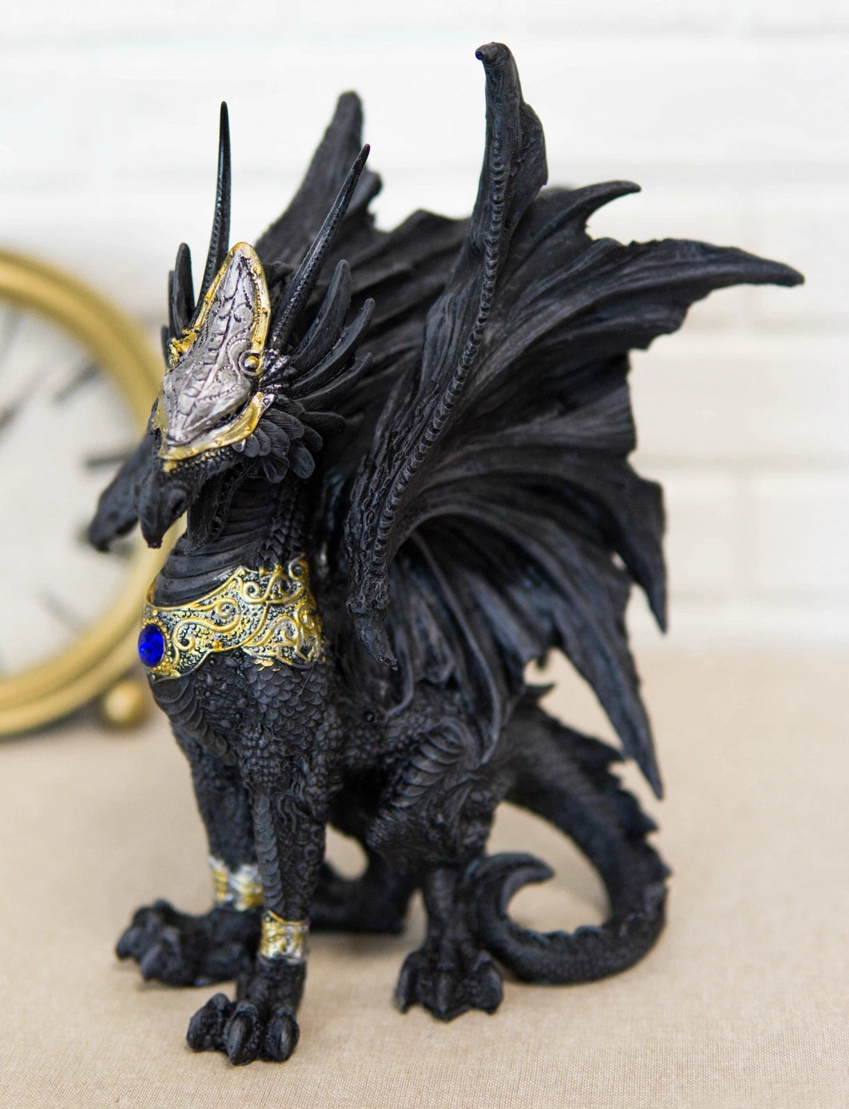 Blue Sapphire Golden Armored Combat Dragon Standing Guard In Faux Stone Statue-4