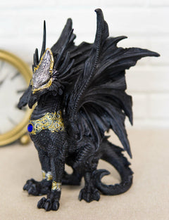 Blue Sapphire Golden Armored Combat Dragon Standing Guard In Faux Stone Statue-4
