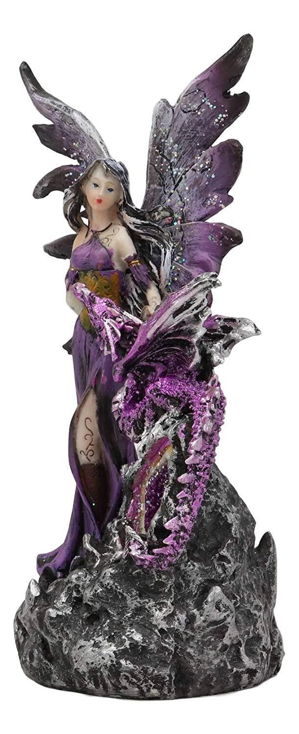 Purple Fairy With Dragon Sitting On LED Crystal Geode Night Light Statue Decor-8