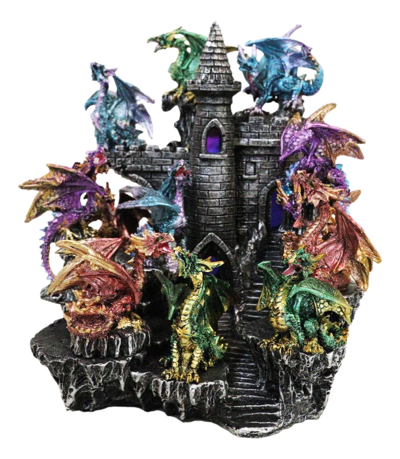 Juego de 12 mini dragones medievales coloridos en la montaña del castillo de Stonewall.-6
