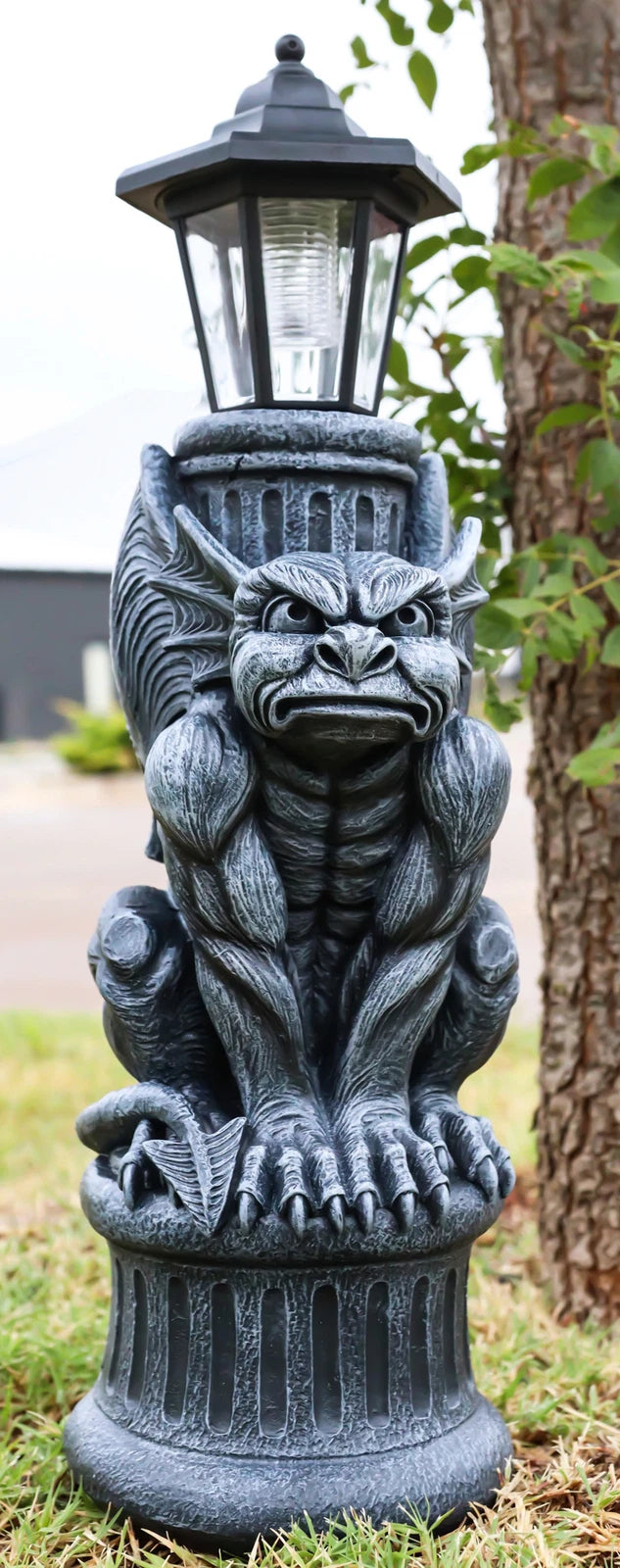 Gothic Crouching Winged Gargoyle Statue With Solar LED Lantern Light Post 20"H-6