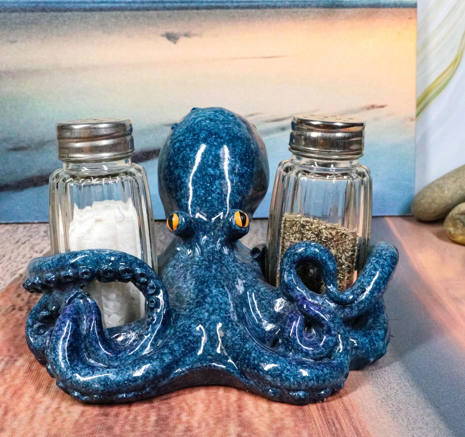 Onyx Blue Nautical Marine Cephalopod Octopus Salt Pepper Shakers Holder Set