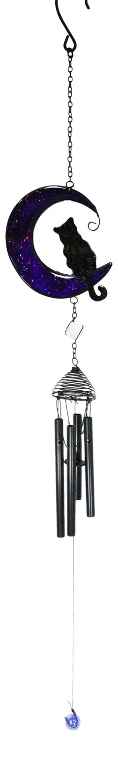 Witchcraft Black Cat On Purple Crescent Moon Stained Glass Wind Chime Suncatcher-4
