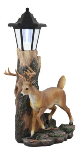 The Emperor 12 Point Buck Deer Statue Rustic Forest Tree Solar LED Light Outpost-3