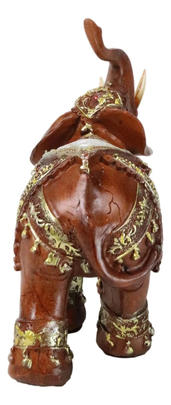 Faux Wood Trunk Up Elephant with Golden Scrollwork And Crushed Glass Figurine-4