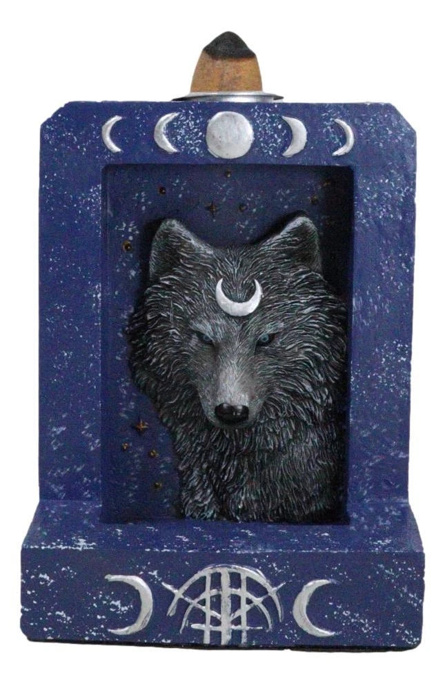 Phases Of The Moon Alpha Black Wolf With Crescent Mark Backflow Incense Burner-5