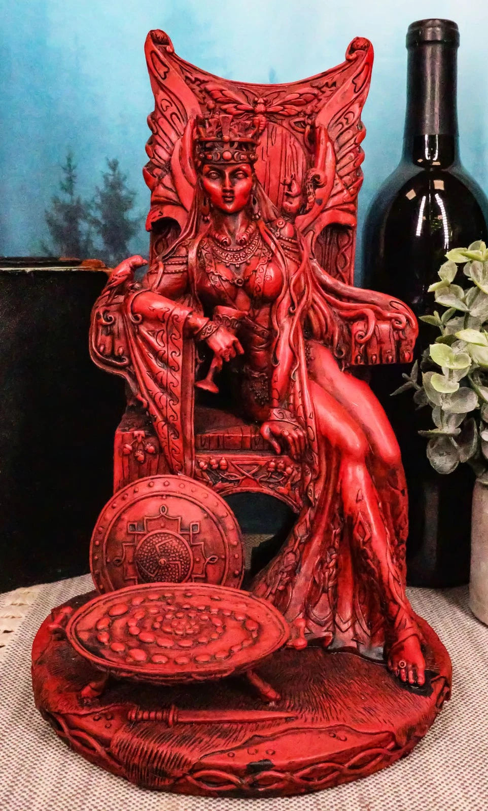 Celtic Maeve with Bird and Squirrel On Throne Statue 11" Tall Clay Finish-1