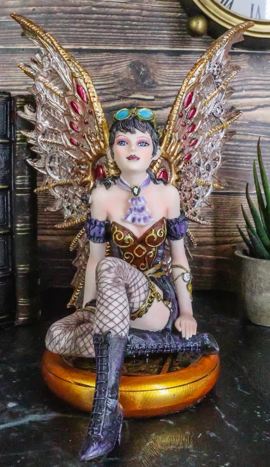 Steampunk Air Force Pilot Assassin Fairy Sitting On Time Warp Machine Figurine-2