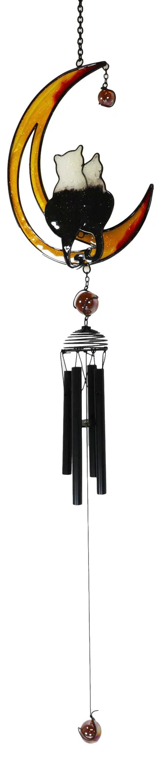 Lover Feline Cats On Crescent Moon Stained Glass Gem Copper Wind Chime Garden-4