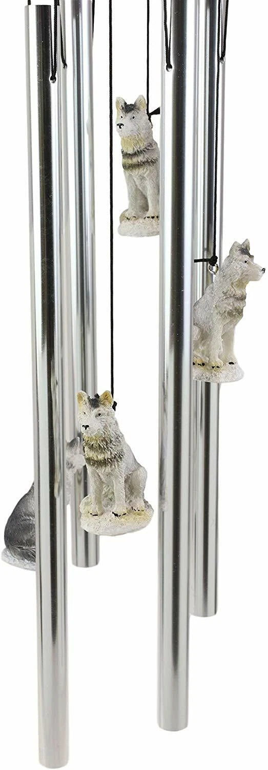 Realistic Sitting Lone Gray Wolf Hand Painted Sculptural Wind Chime Decorative-4