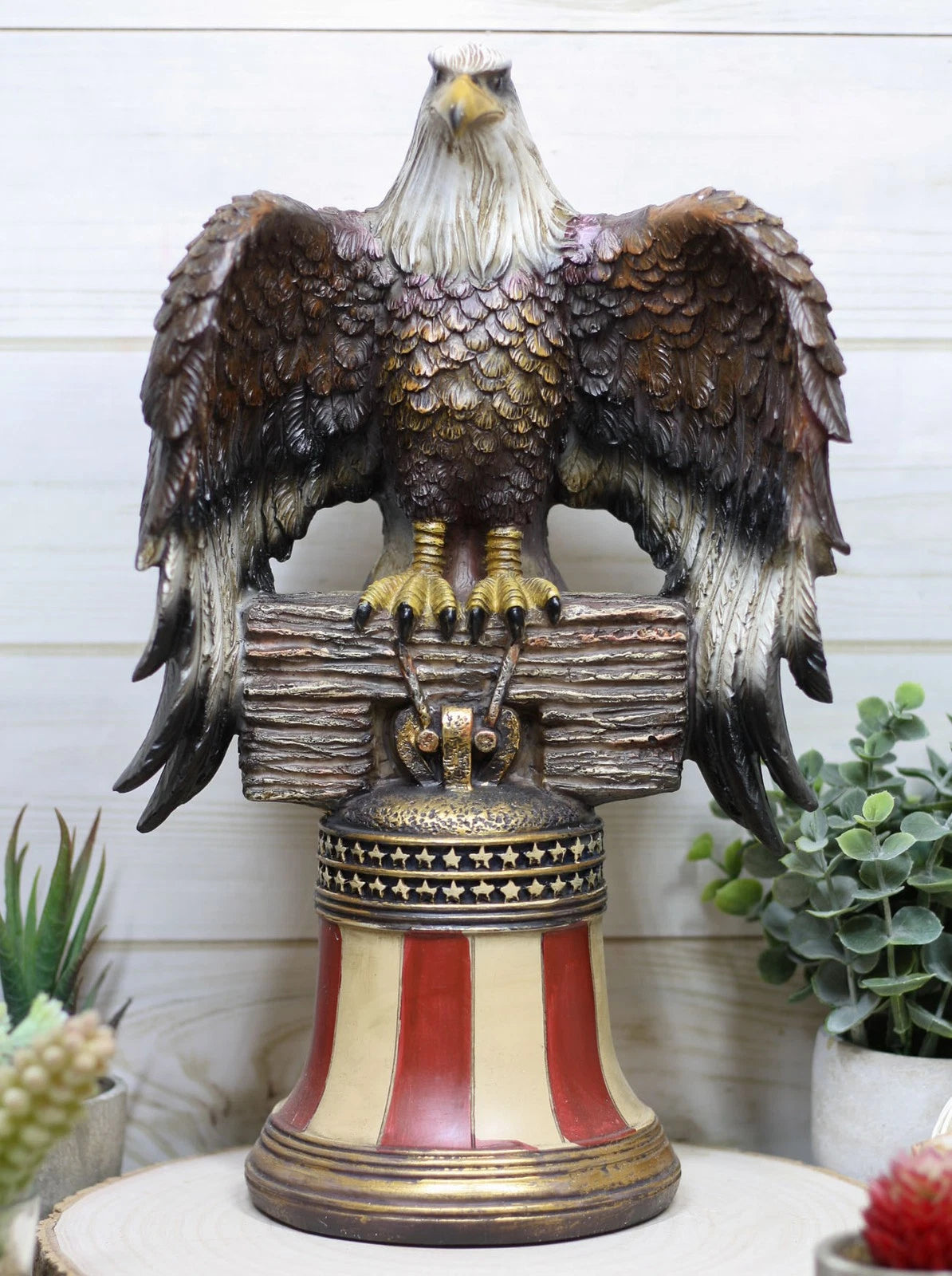 Independence Day American Glorious Bald Eagle Perching On Liberty Bell Figurine-1