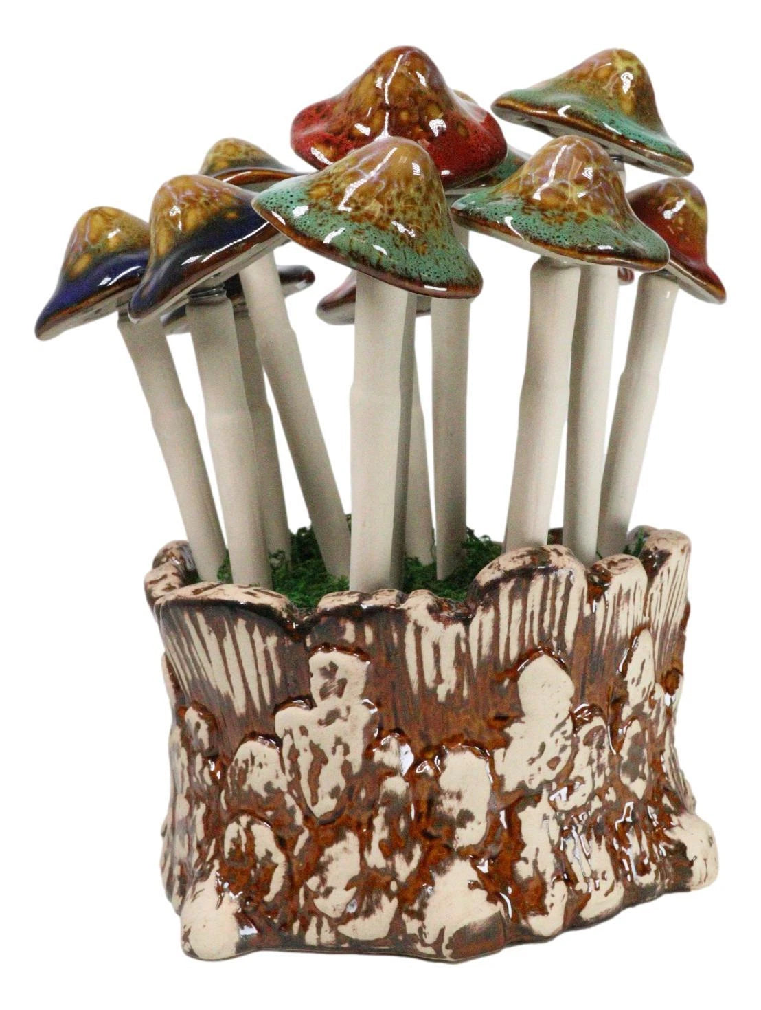 Fairy Garden Colorful 12 Piece Ceramic Mushroom Picks With Planter Holder Set-3