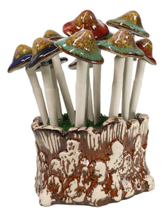Fairy Garden Colorful 12 Piece Ceramic Mushroom Picks With Planter Holder Set-3