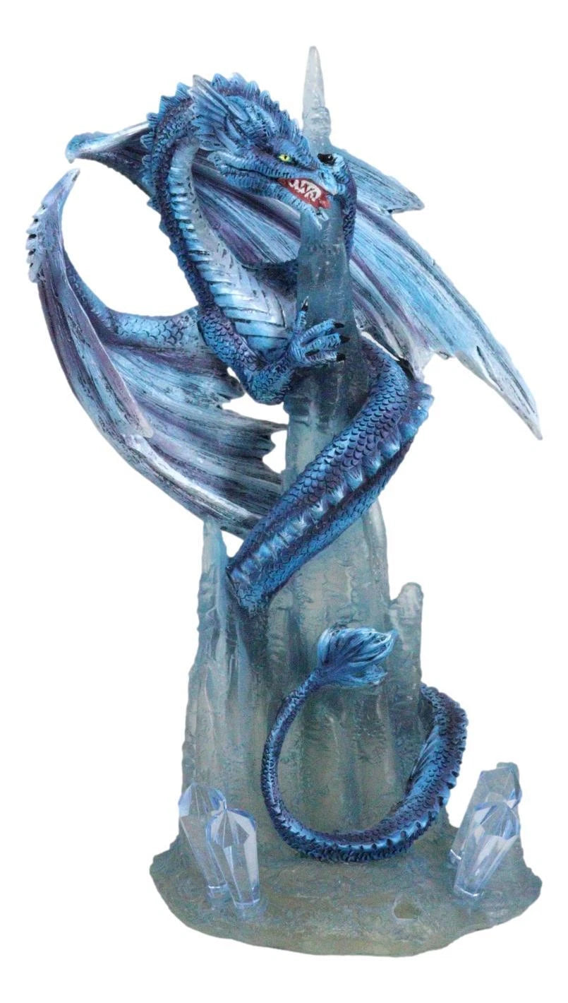 Frozen Stalactite Blue Dragon Serpent On Spiky Ice Mountain Cliff Figurine-6