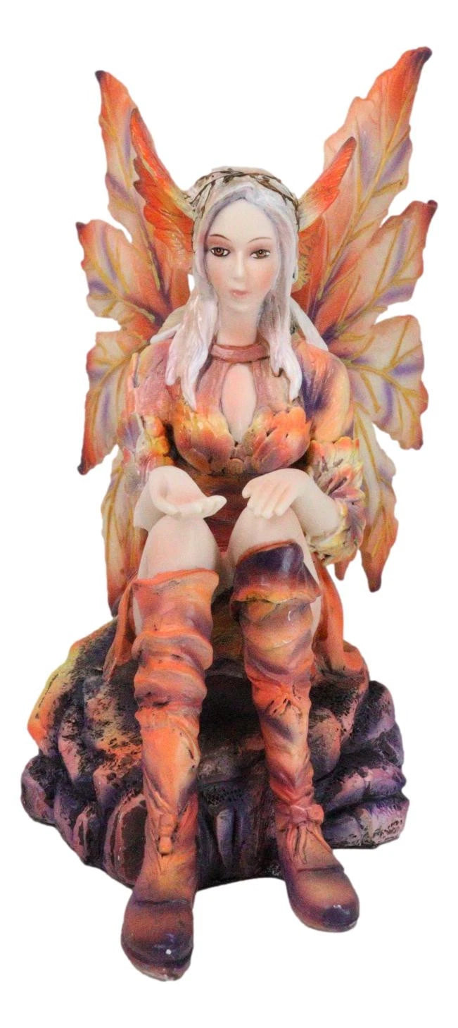 Goddess of Fire Elemental Pixie Fairy in Ember Pyre Dress Sitting Figurine-5