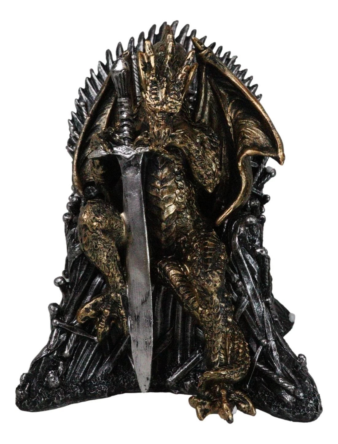 Bronzite Dragon Sitting On Iron Throne Of Swords With Valyrian Blade Figurine-3