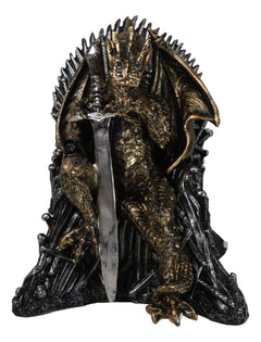 Bronzite Dragon Sitting On Iron Throne Of Swords With Valyrian Blade Figurine-3