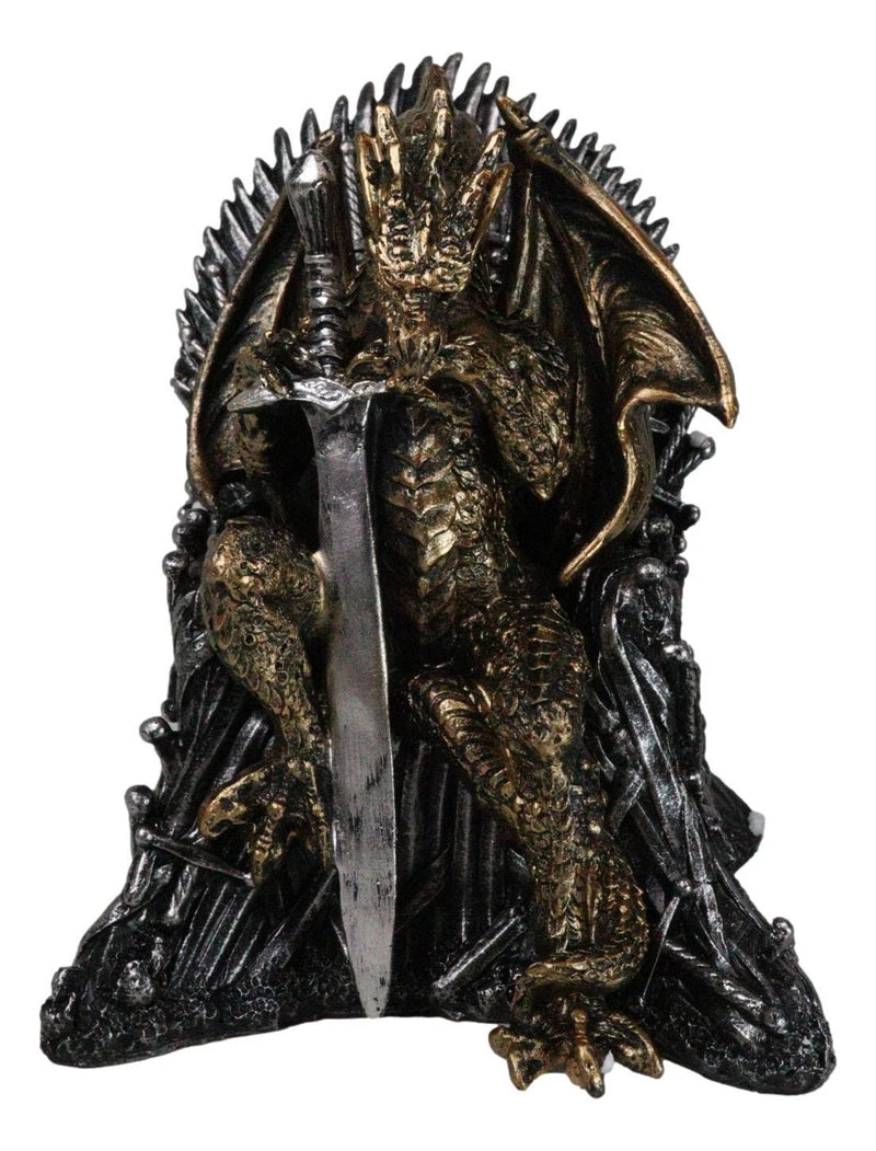 Bronzite Dragon Sitting On Iron Throne Of Swords With Valyrian Blade Figurine-3
