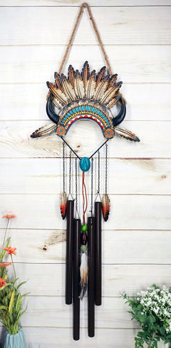 Southwest Boho Chic Indian Chief Headdress Feathers Turquoise Rocks Wind Chime-1