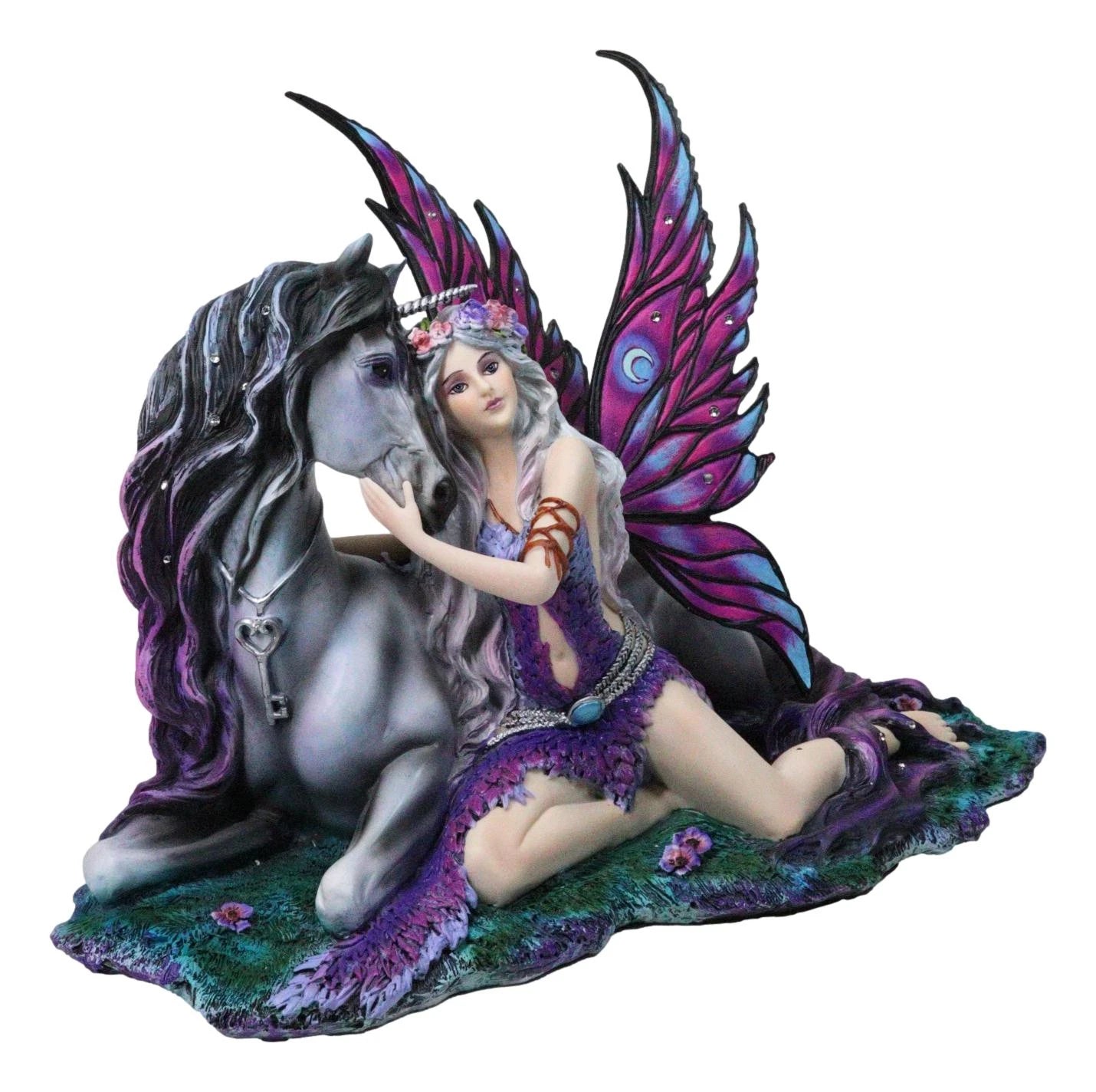 Purple Tribal Fairy Sitting With Midnight Key Lock Dark Unicorn Figurine 14.5"L-5
