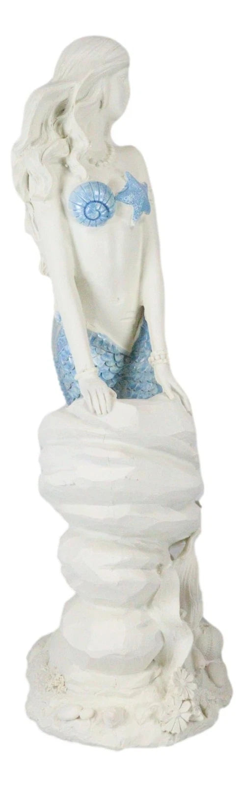 Figura de sirena de cola azul océano sentada sobre una roca marina, 11.5" de alto-7