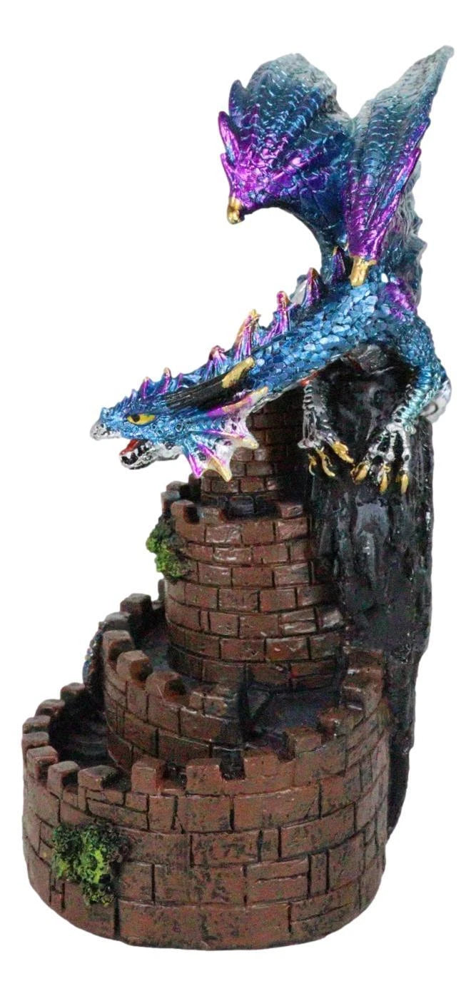 Metallic Blue Dragon On Spiral Steps Castle Tower Backflow Incense Cone Burner-5