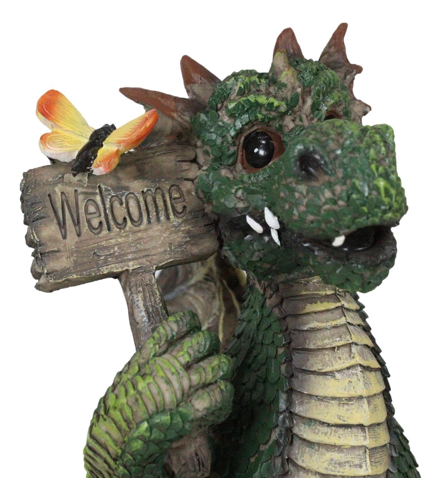 Whimsical Green Garden Dragon With Butterfly With Welcome Plank Sign Figurine-6