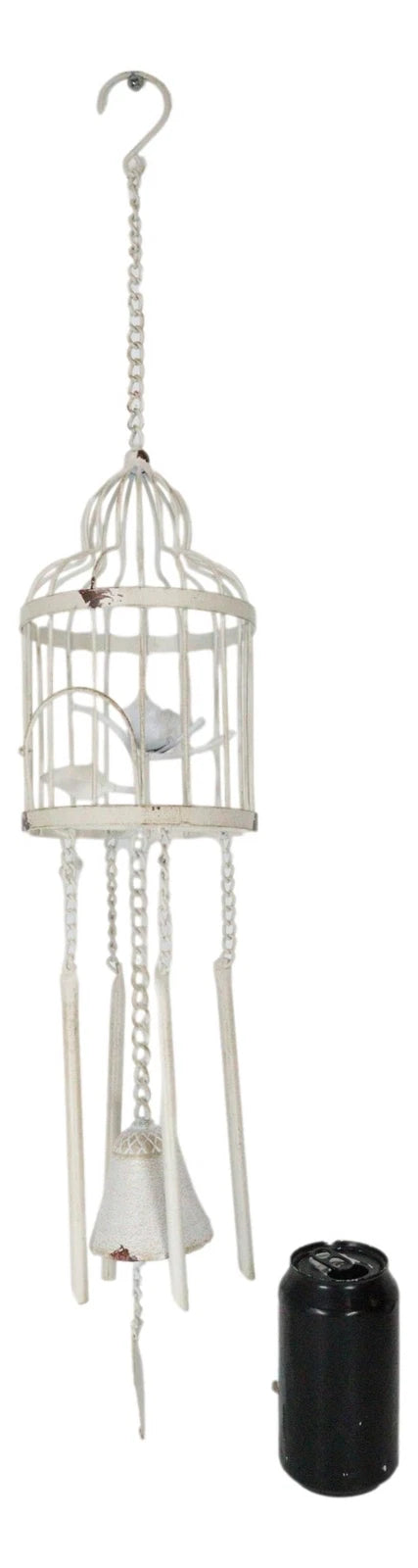Whimsical Rustic White Bird Perching On Twig In Cage Aluminum Metal Wind Chime-5