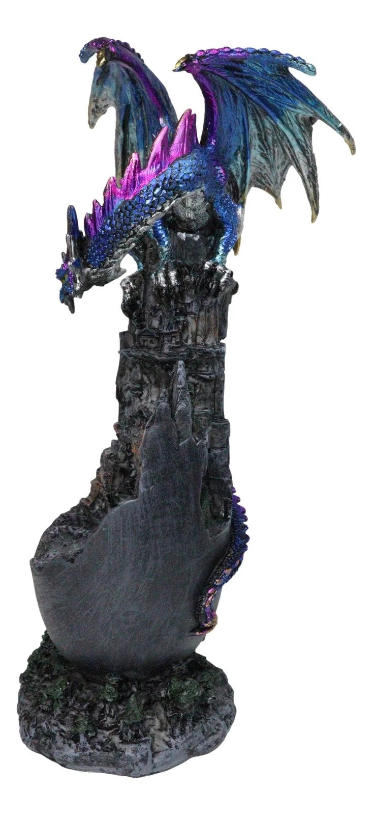 Medieval Blue Dragon Perching On Abandoned Castle Tower Ruins Figurine 12"H-4