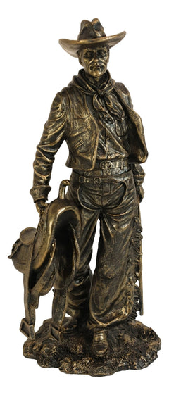 Old World Rustic Western Cowboy Holding Horse Saddle and Rifle Gun Statue 12"H-3
