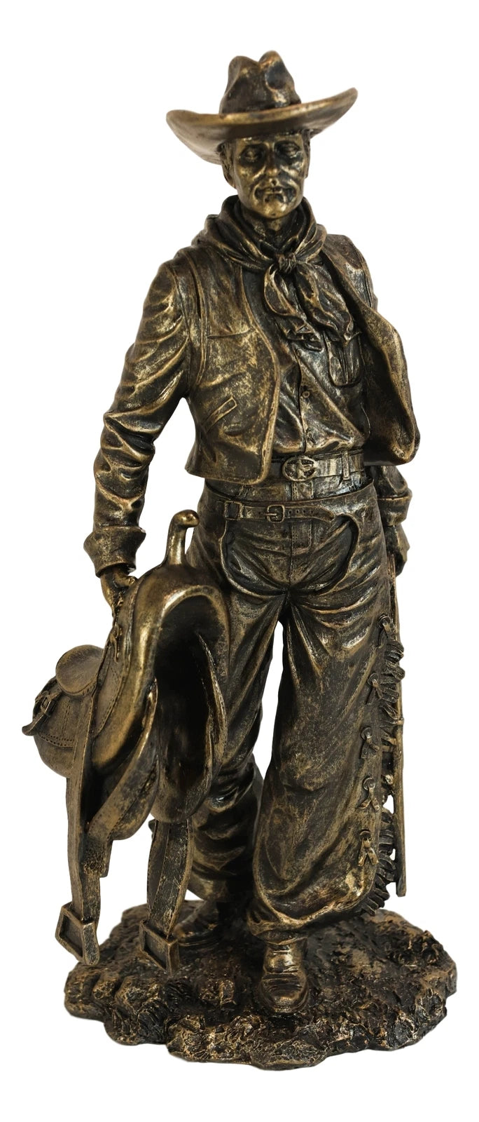 Old World Rustic Western Cowboy Holding Horse Saddle and Rifle Gun Statue 12"H-3