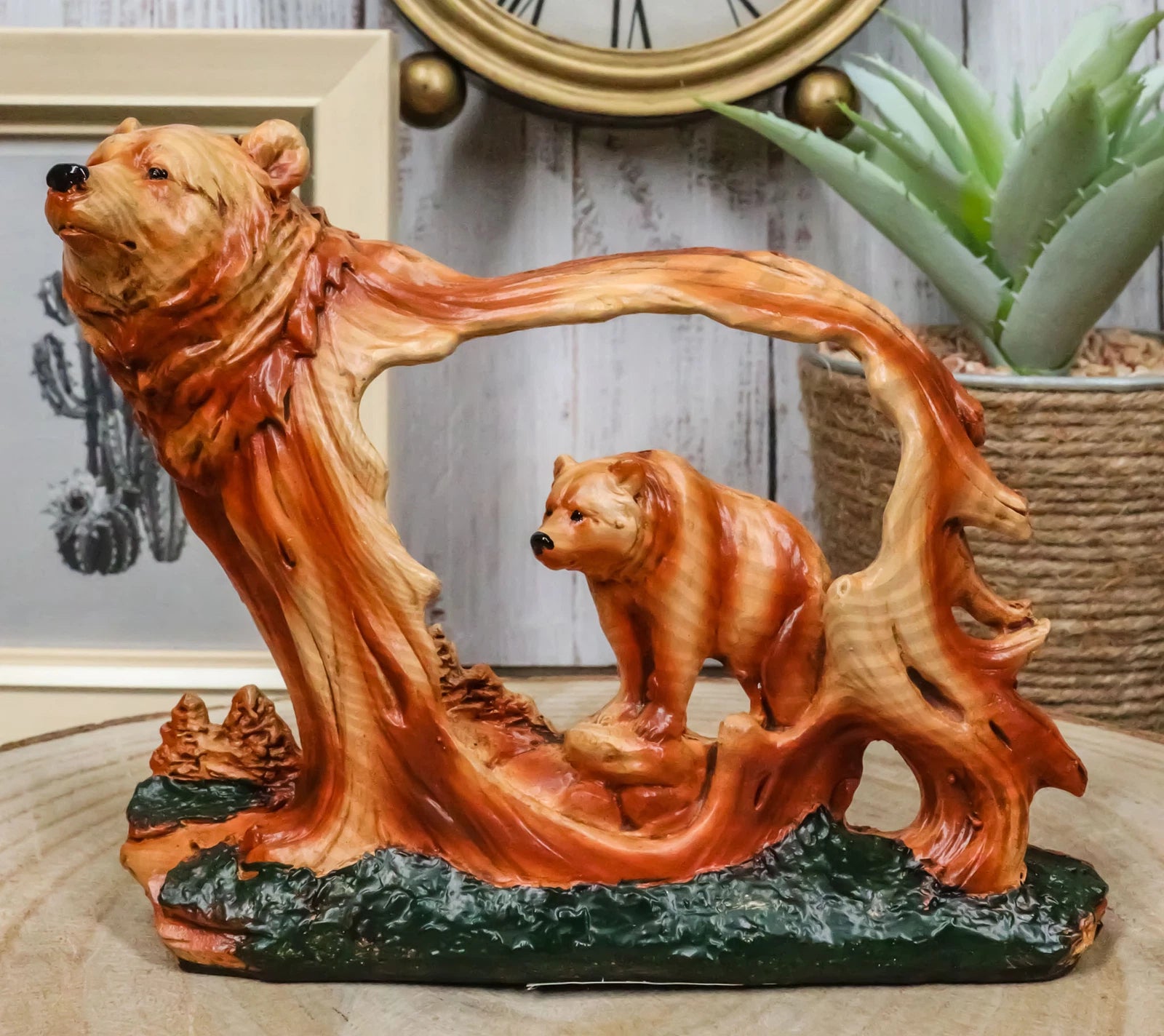 Rustic Faux Wood Wildlife Grizzly Bear With Cub Roaming The Forests Figurine-1