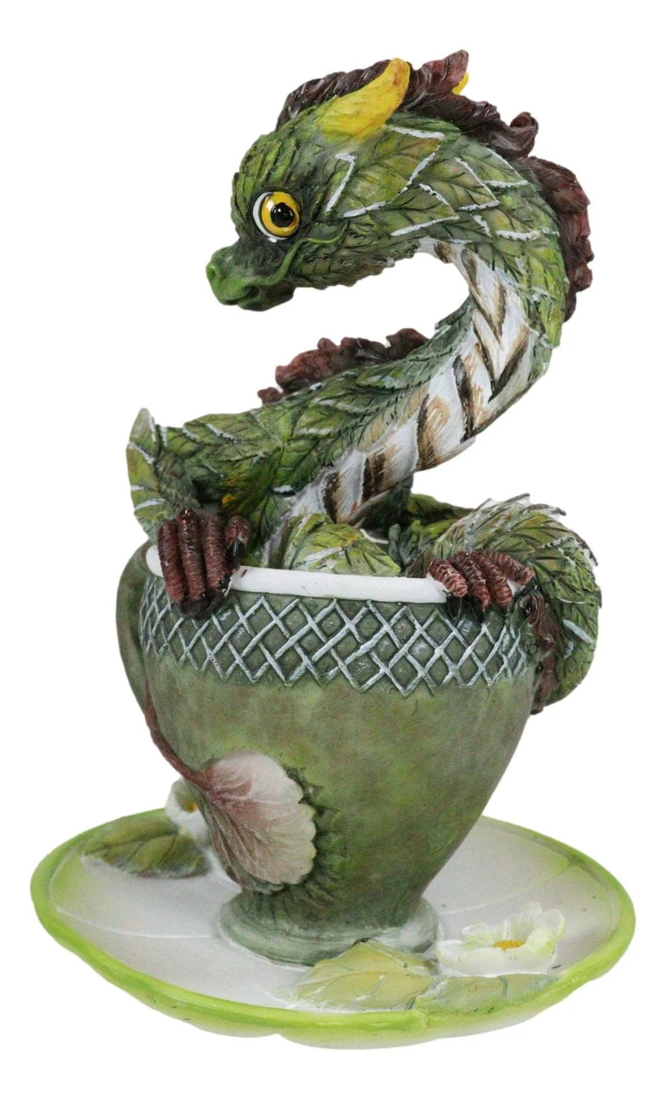 Fantasy English Green Tea Leaves And Flowers Dragon In Teacup & Saucer Figurine-5