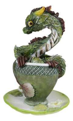 Fantasy English Green Tea Leaves And Flowers Dragon In Teacup & Saucer Figurine-5
