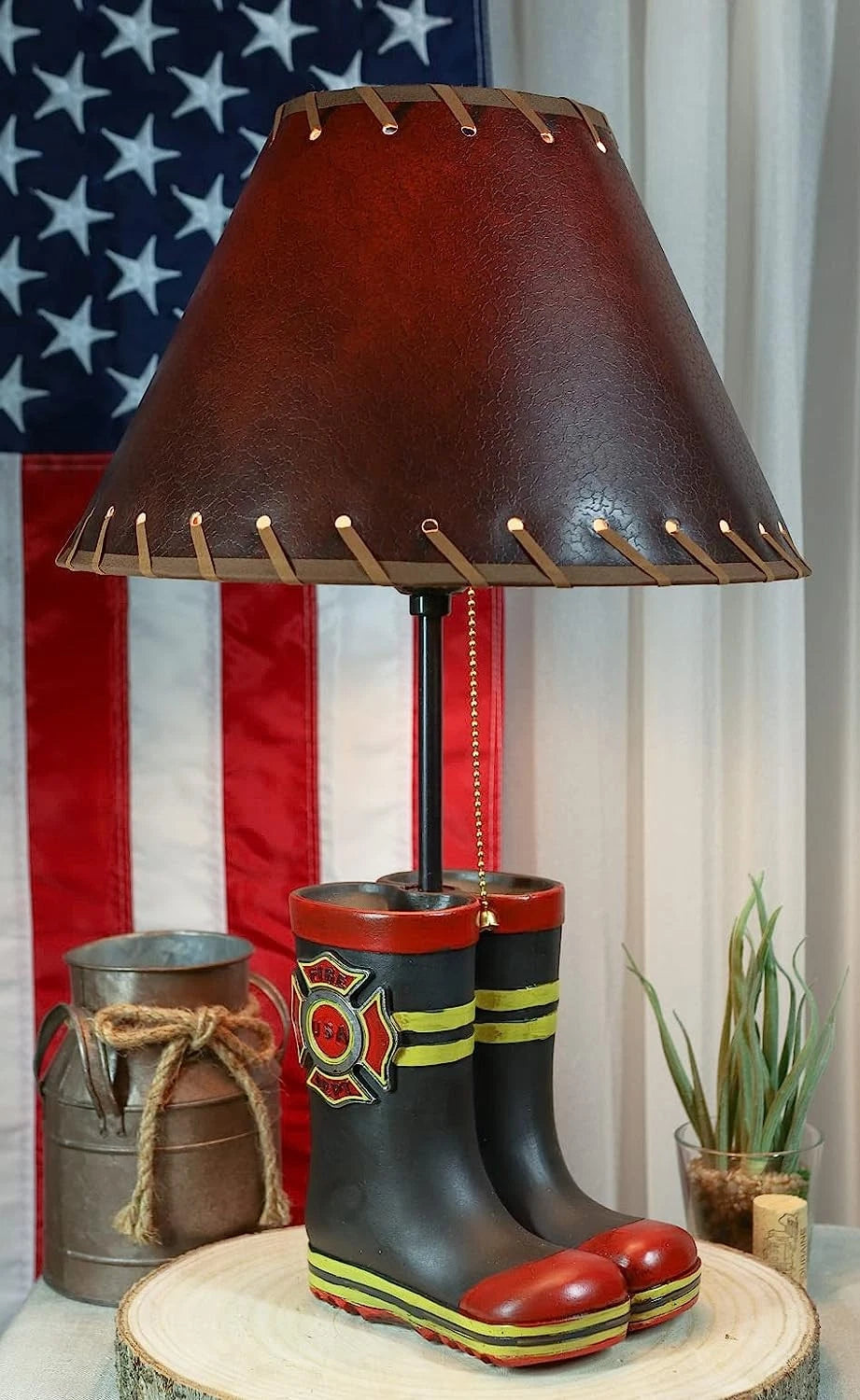 American Hero Fire Fighters Fireman Boots Desktop Table Lamp With Laced Shade-1