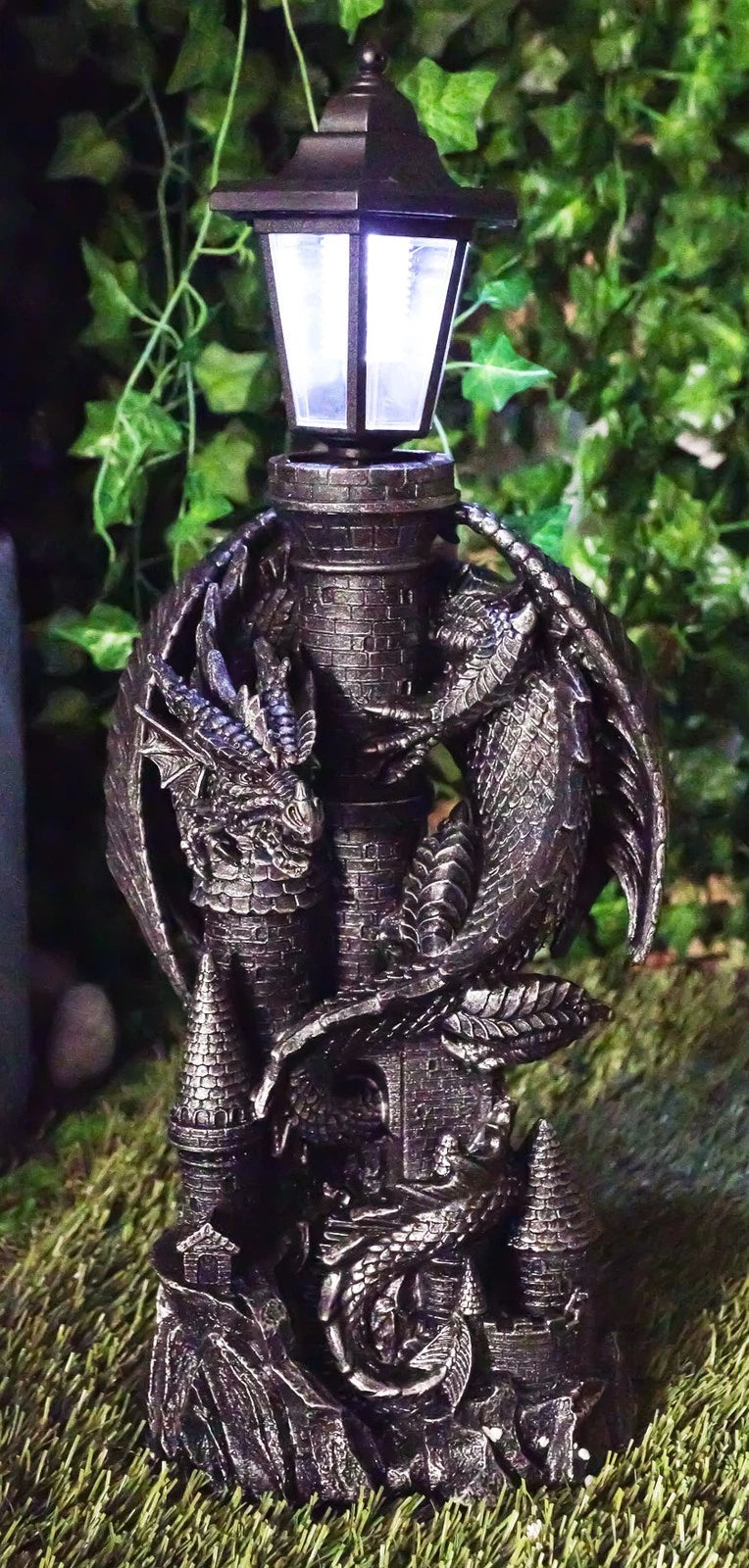 Mystical Rocky Top Castle Dungeon Guardian Dragon Solar LED Light Lantern Statue-1