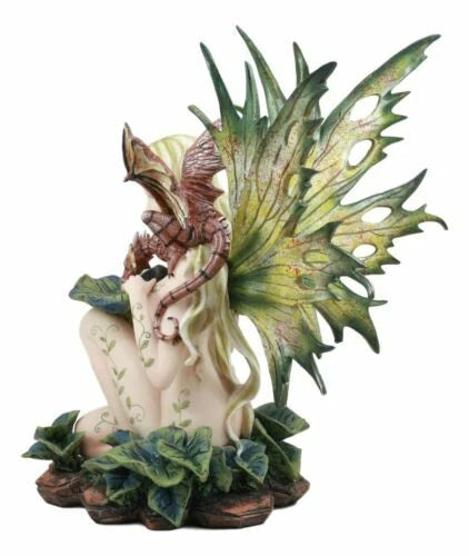 Estatua de hada tribal del bosque desnuda de 33 cm de alto alimentando a un dragón.-2