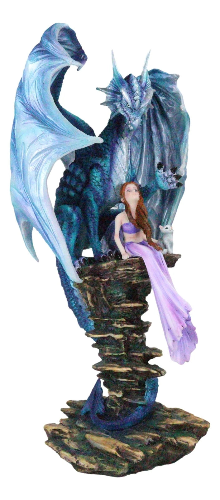 Giant Leviathan Blue Dragon Protecting A Young Princess Fairy With Kitten Statue-3