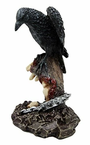 Gothic Raven Crow On Shackled Zombie Hand Emerging From Graveyard Statue Decor-2