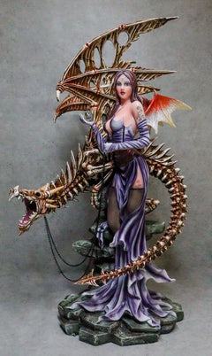 Large 26"H Gothic Soothsayer Psychic Fairy & Bone Skeletal Ghost Dragon Statue-4