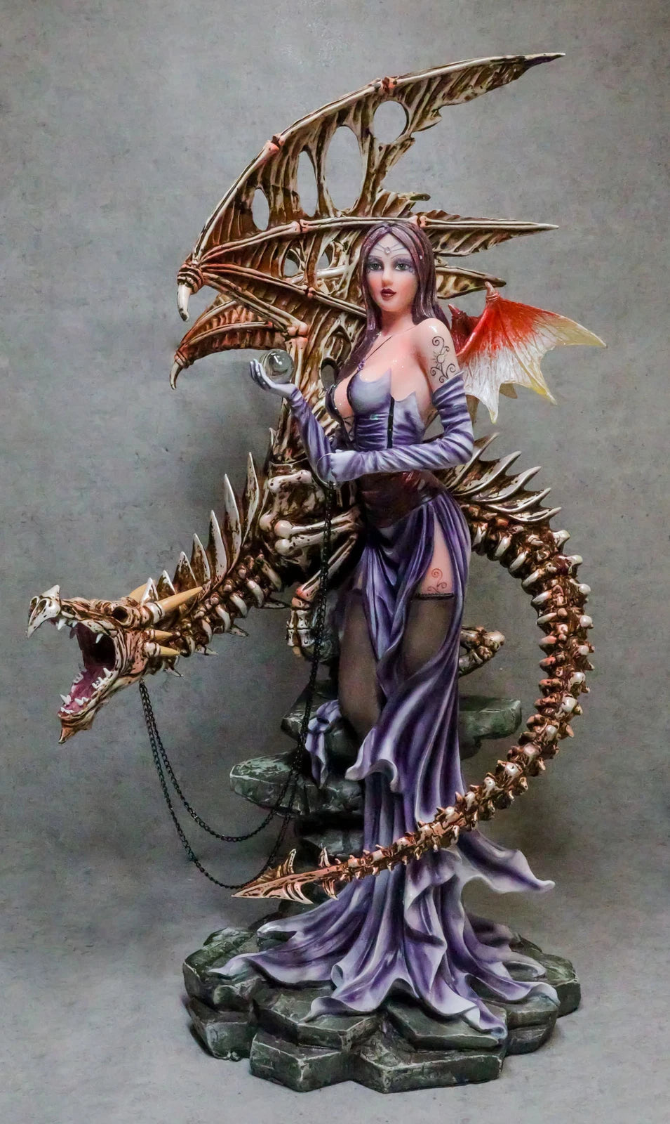 Large 26"H Gothic Soothsayer Psychic Fairy & Bone Skeletal Ghost Dragon Statue-4