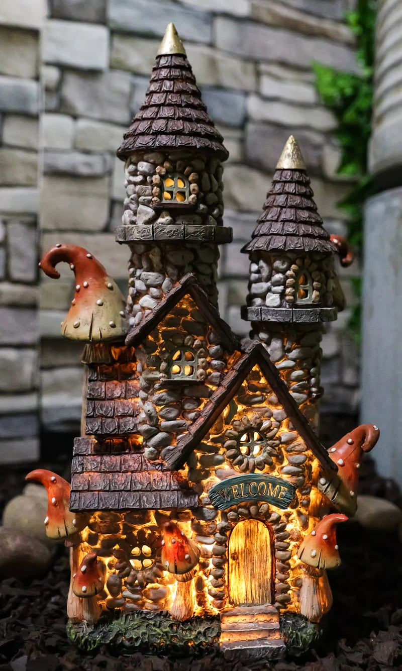 Fairy Garden LED Light Up Castle Stone House With Tall Tower Roofs Figurine-1