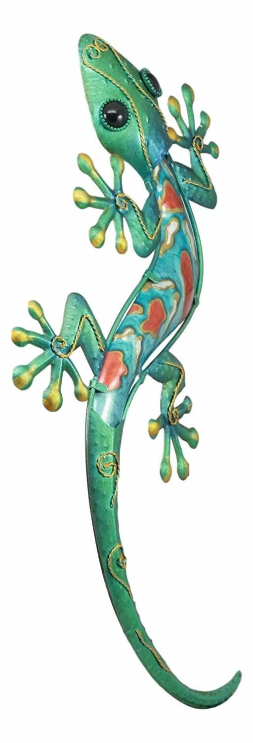 Crawling Green Metal Lizard Gecko with Blue Glass Body Wall Decor 18.5"L-4