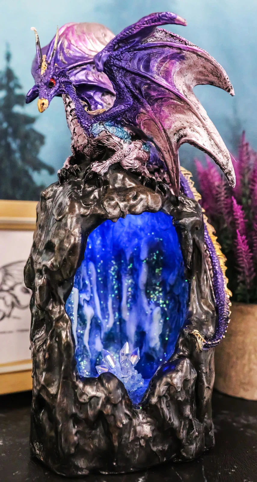 Purple Azure Quartz Dragon On Gemstone Mountain Backflow Incense Burner Figurine
