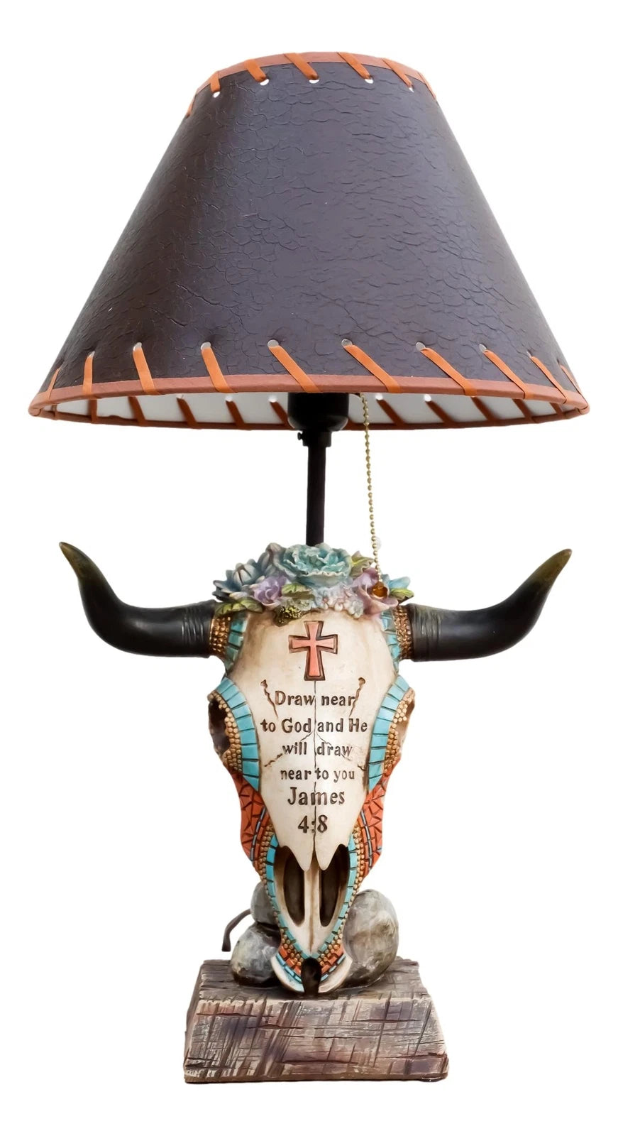 Lámpara de mesa con calavera de vaca de vaquero occidental y suculentas florales con versículo bíblico-2