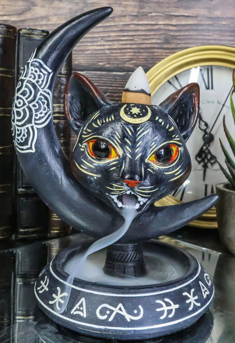 Occult Wicca Sacred Geometry Black Cat Crescent Moon Backflow Incense Burner-1