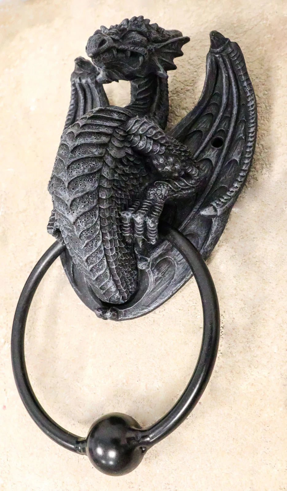 Faux Stone Fantasy Saurian Dragon Grasping Door Knocker Home Decor 8"H-2
